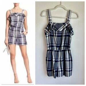 NWOT Women's Banana Republic Plaid Ruffle Strappy Romper in Navy Yellow Size XS